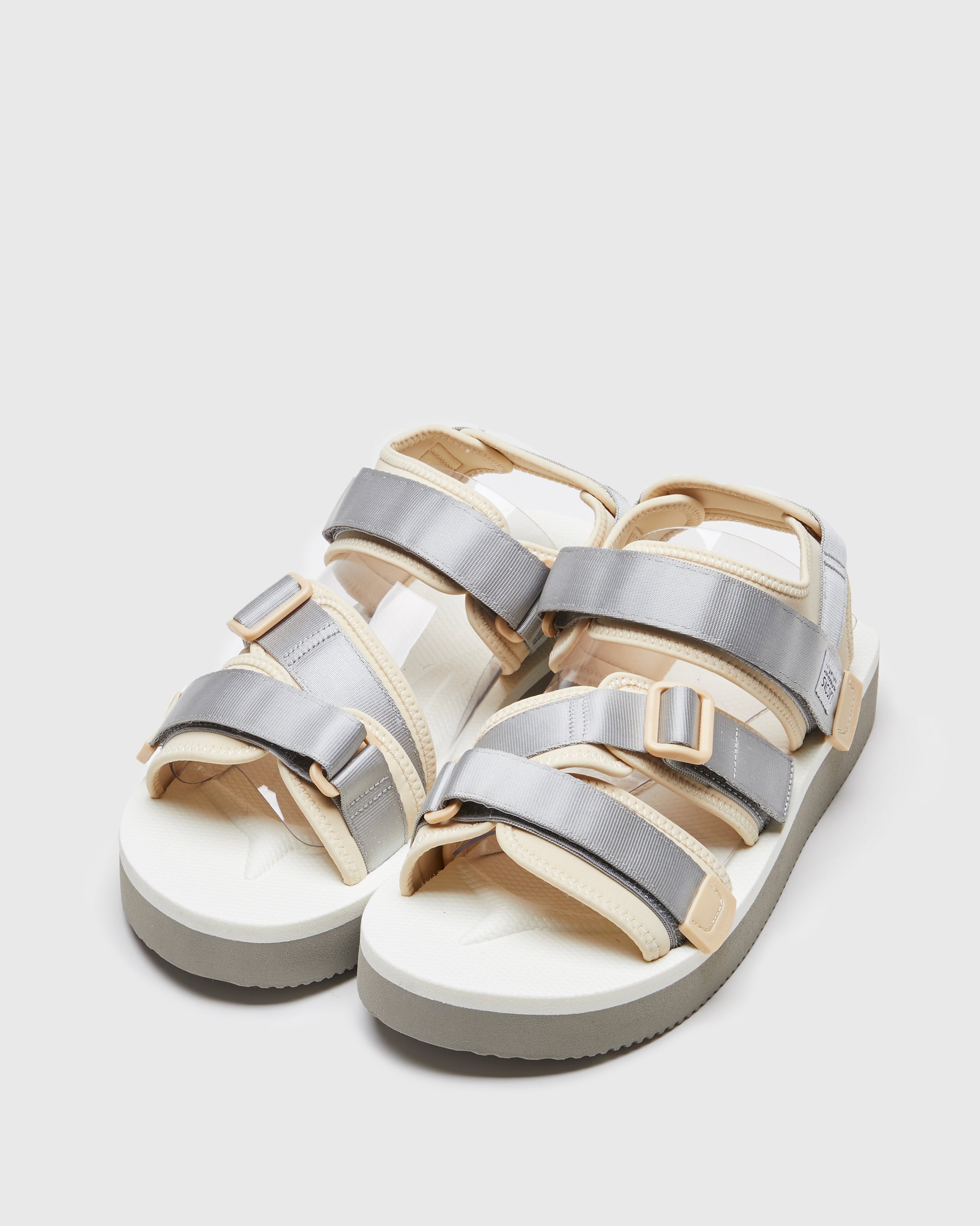 SUICOKE KISEE-PO sandals with gray & white nylon upper, gray & white midsole and sole, strap and logo patch. From Spring/Summer 2023 collection on SUICOKE Official US & Canada Webstore. OG-044PO GRAY X WHITE