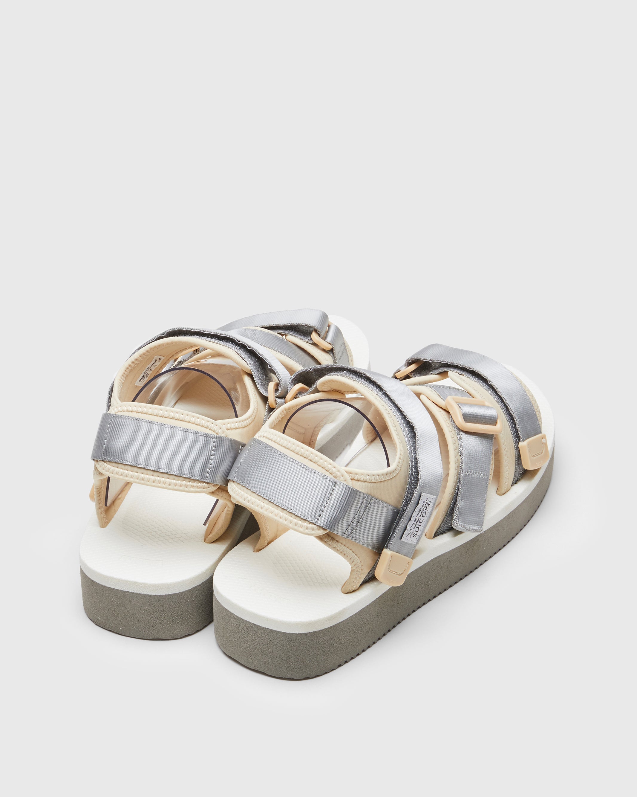 SUICOKE KISEE-PO sandals with gray & white nylon upper, gray & white midsole and sole, strap and logo patch. From Spring/Summer 2023 collection on SUICOKE Official US & Canada Webstore. OG-044PO GRAY X WHITE