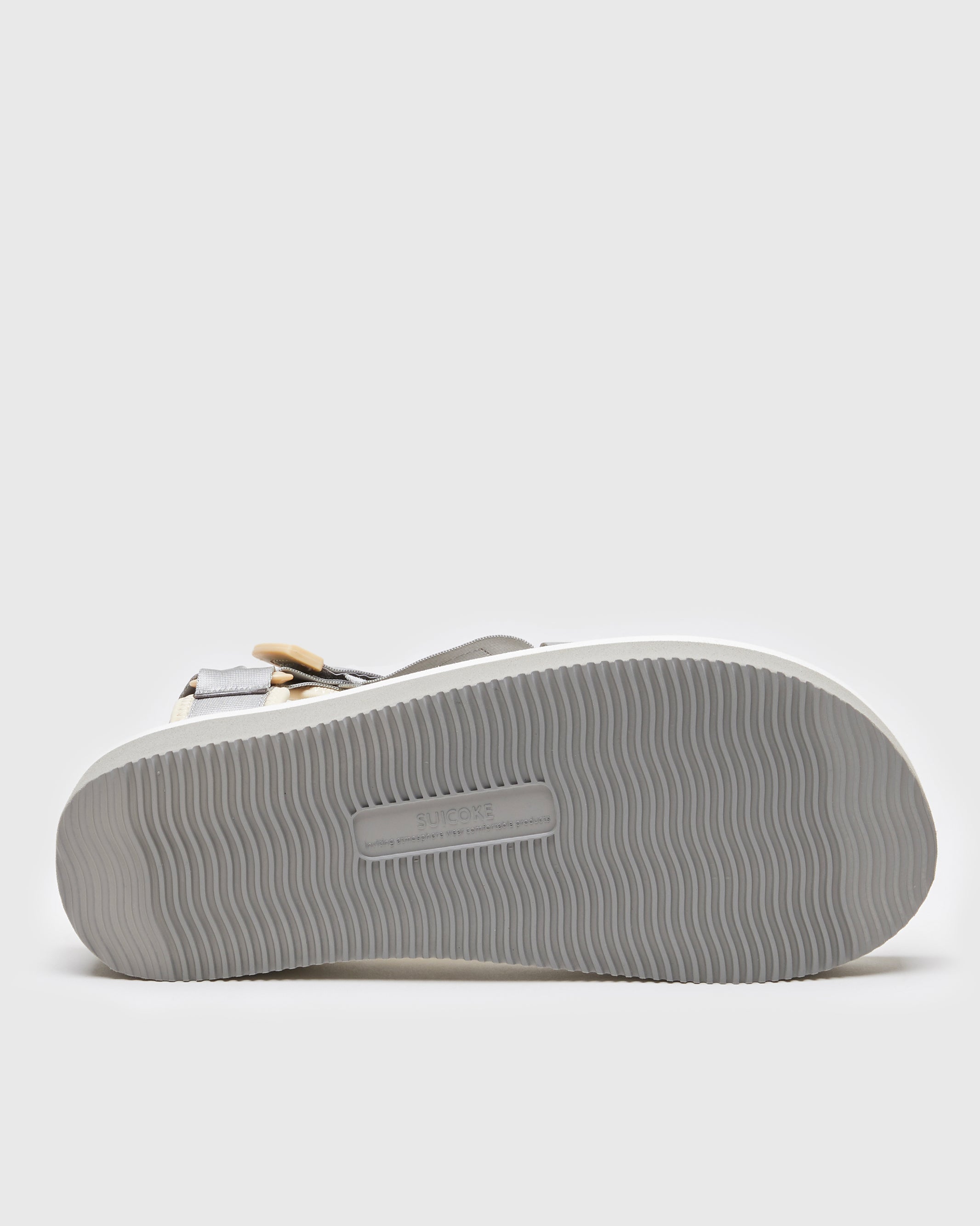 SUICOKE KISEE-PO sandals with gray & white nylon upper, gray & white midsole and sole, strap and logo patch. From Spring/Summer 2023 collection on SUICOKE Official US & Canada Webstore. OG-044PO GRAY X WHITE