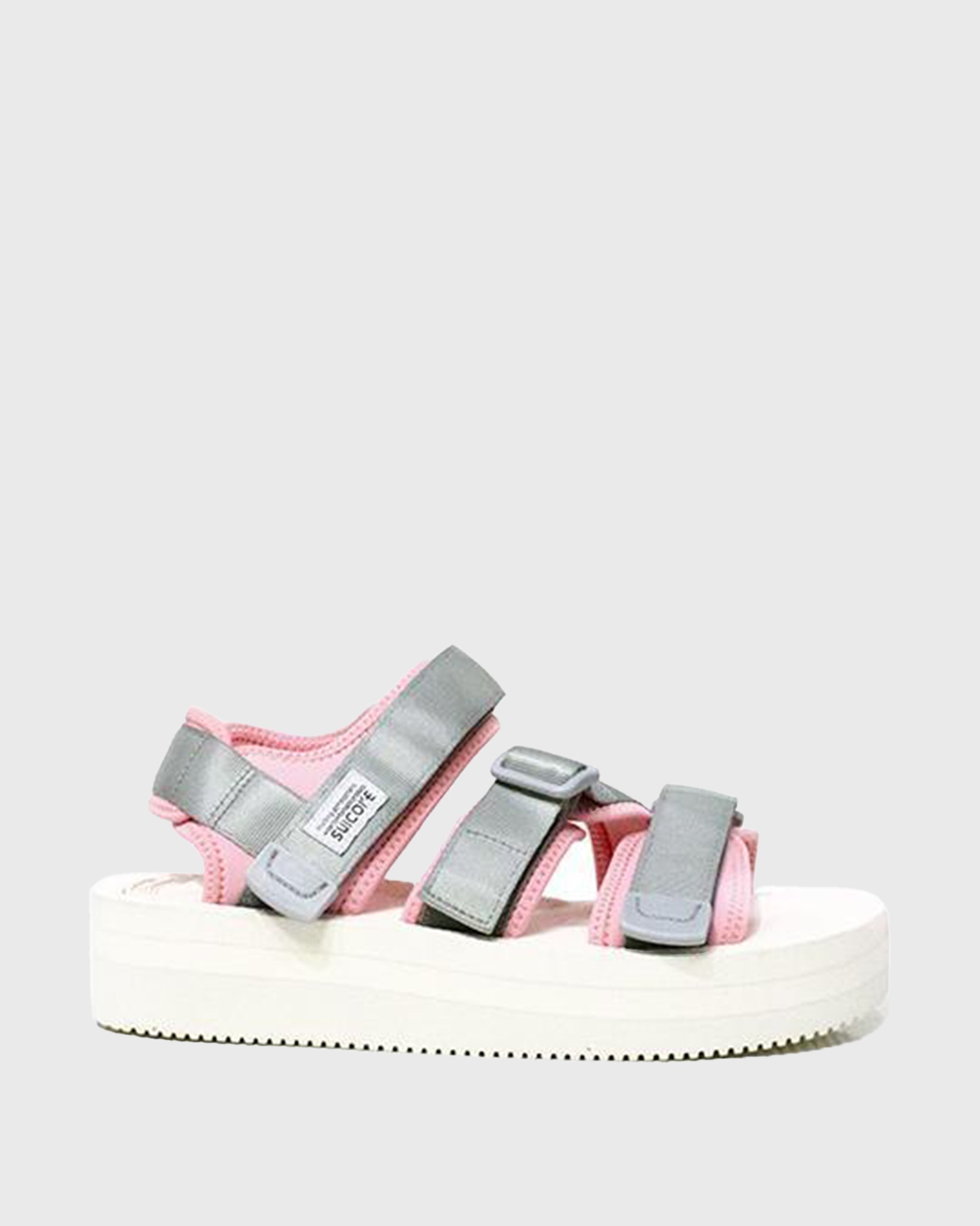 SUICOKE Web Exclusive Edition KISEE-VPO sandals with gray/pink nylon upper, white EVA rubber footbed, SUICOKE Vibram Morflex + EVA sole, gray strap and logo patch. From Spring Summer 2021 collection on SUICOKE Official US & Canada Webstore.