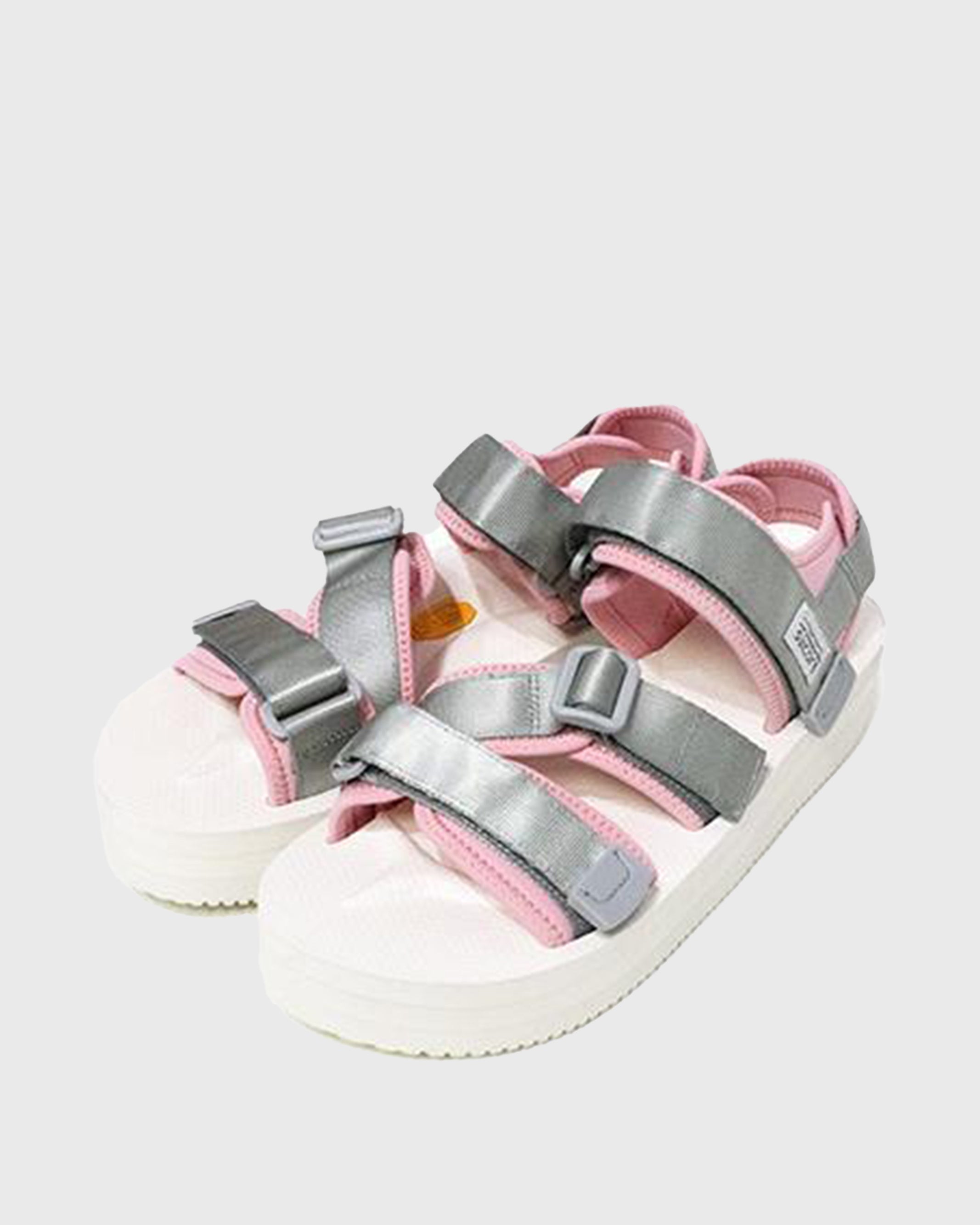 SUICOKE Web Exclusive Edition KISEE-VPO sandals with gray/pink nylon upper, white EVA rubber footbed, SUICOKE Vibram Morflex + EVA sole, gray strap and logo patch. From Spring Summer 2021 collection on SUICOKE Official US & Canada Webstore.