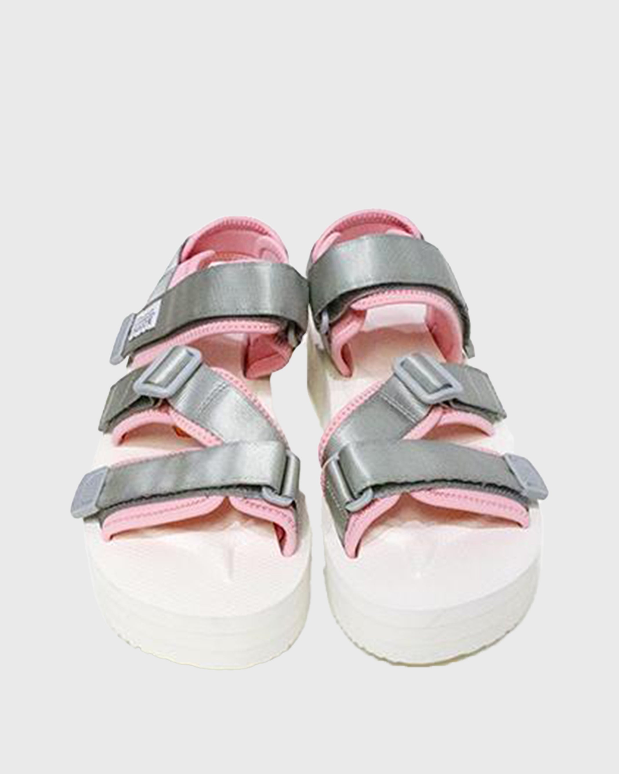 SUICOKE Web Exclusive Edition KISEE-VPO sandals with gray/pink nylon upper, white EVA rubber footbed, SUICOKE Vibram Morflex + EVA sole, gray strap and logo patch. From Spring Summer 2021 collection on SUICOKE Official US & Canada Webstore.