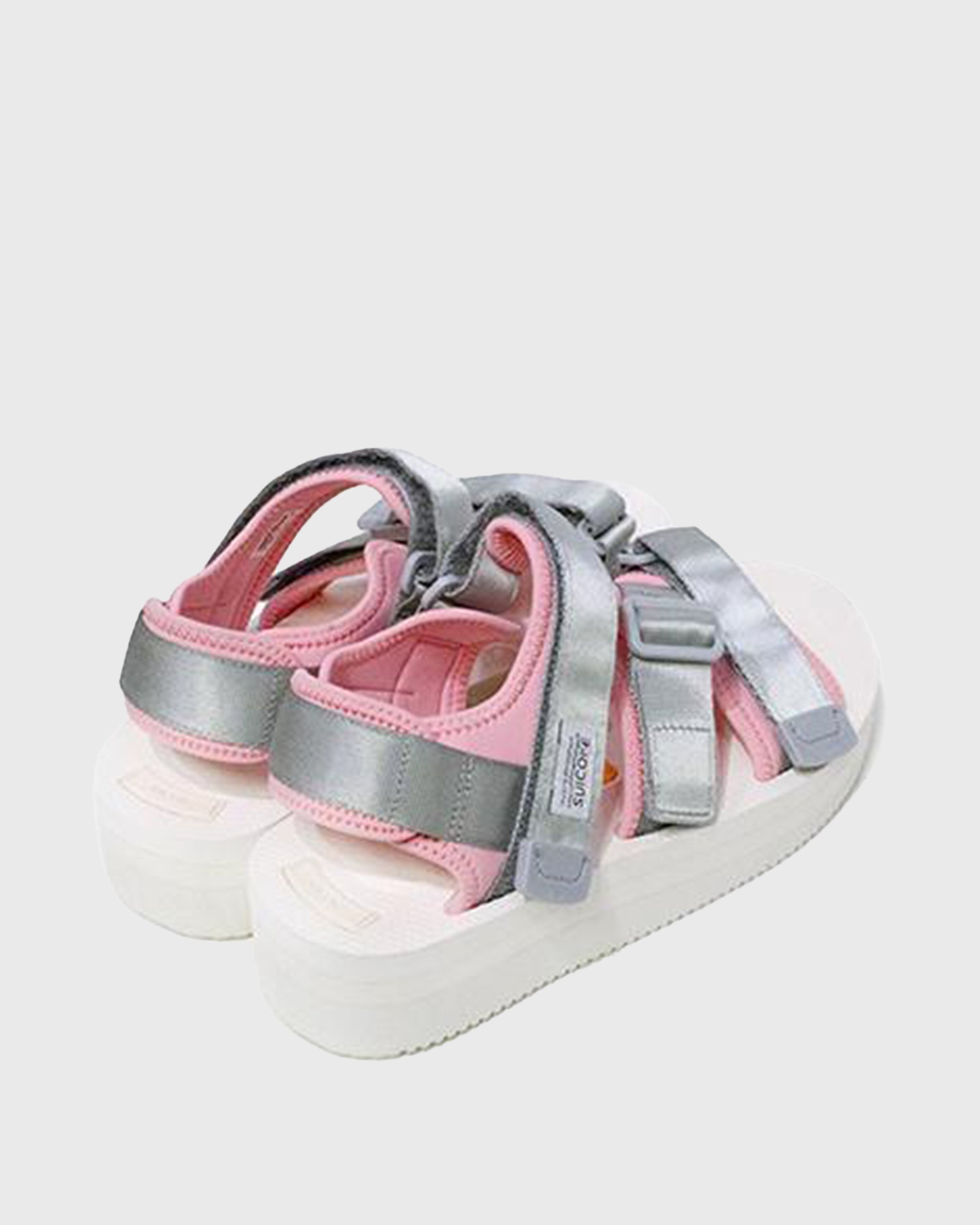 SUICOKE Web Exclusive Edition KISEE-VPO sandals with gray/pink nylon upper, white EVA rubber footbed, SUICOKE Vibram Morflex + EVA sole, gray strap and logo patch. From Spring Summer 2021 collection on SUICOKE Official US & Canada Webstore.