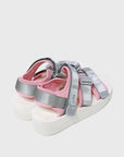 SUICOKE Web Exclusive Edition KISEE-VPO sandals with gray/pink nylon upper, white EVA rubber footbed, SUICOKE Vibram Morflex + EVA sole, gray strap and logo patch. From Spring Summer 2021 collection on SUICOKE Official US & Canada Webstore.