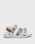 SUICOKE KISEE-V strap sandal with white midsole and sole with beige straps and beige nylon straps on top with logo patch. From the Fall/Winter 2021 collection on the SUICOKE Official US & Canada Webstore.