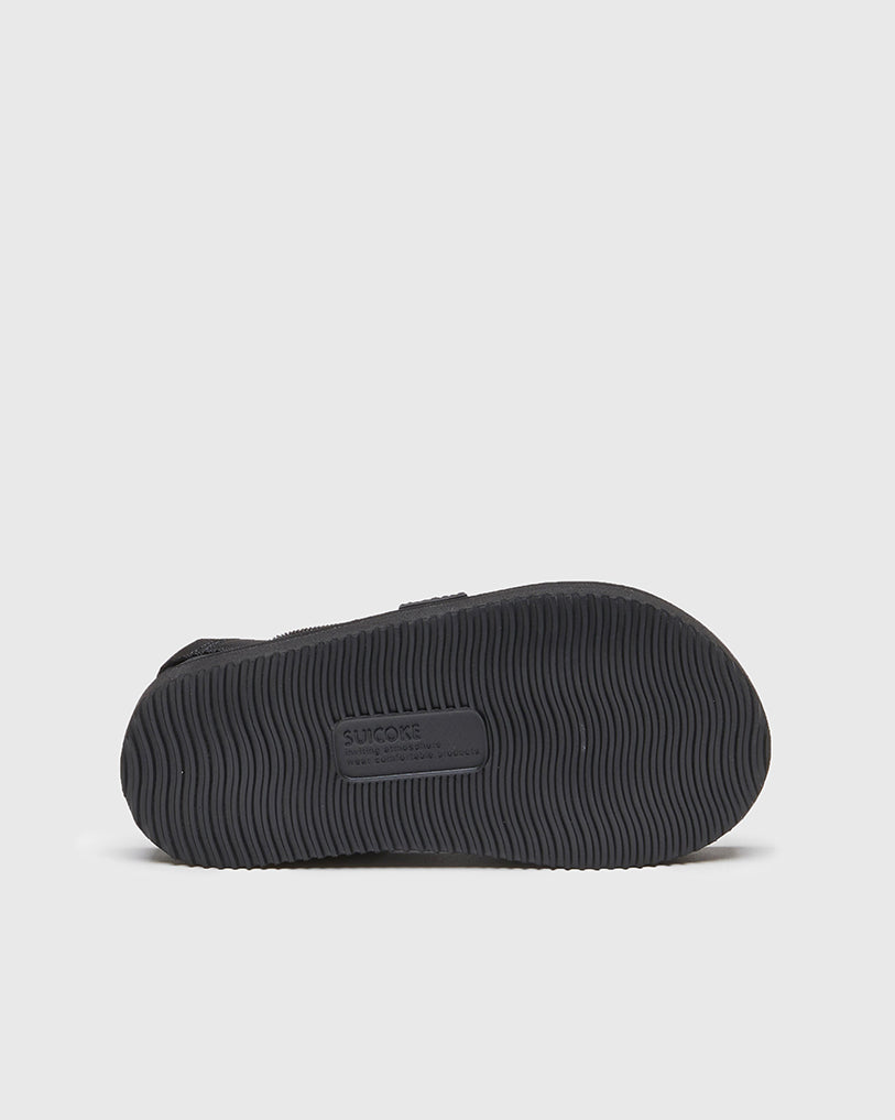 SUICOKE MOTO-2kids-PT05 slides with navy & gray nylon upper, navy & gray midsole and sole, strap and logo patch. From Spring/Summer 2023 collection on SUICOKE Official US & Canada Webstore. OG-056-2KIDS-PT05 NAVY X GRAY