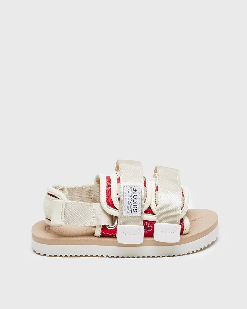 SUICOKE MOTO-2kids-PT05 slides with red & beige nylon upper, red & beige midsole and sole, strap and logo patch. From Spring/Summer 2023 collection on SUICOKE Official US & Canada Webstore. OG-056-2KIDS-PT05 RED X BEIGE