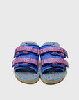 SUICOKE MOTO-JC01 slides with orange & blue nylon upper, orange & blue midsole and sole, strap and logo patch. From Spring/Summer 2023 collection on SUICOKE Official US & Canada Webstore. OG-056-JC01 ORANGE X BLUE