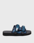 SUICOKE MOTO-Cab-PT02 slides with navy nylon upper, black midsole and sole, straps and logo patch. From Spring/Summer 2022 collection on SUICOKE Official US & Canada Webstore.