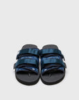 SUICOKE MOTO-Cab-PT02 slides with navy nylon upper, black midsole and sole, straps and logo patch. From Spring/Summer 2022 collection on SUICOKE Official US & Canada Webstore.