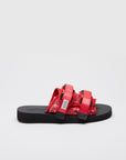 SUICOKE MOTO-Cab-PT02 slides with red nylon upper, black midsole and sole, straps and logo patch. From Spring/Summer 2022 collection on SUICOKE Official US & Canada Webstore.