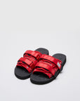 SUICOKE MOTO-Cab-PT02 slides with red nylon upper, black midsole and sole, straps and logo patch. From Spring/Summer 2022 collection on SUICOKE Official US & Canada Webstore.