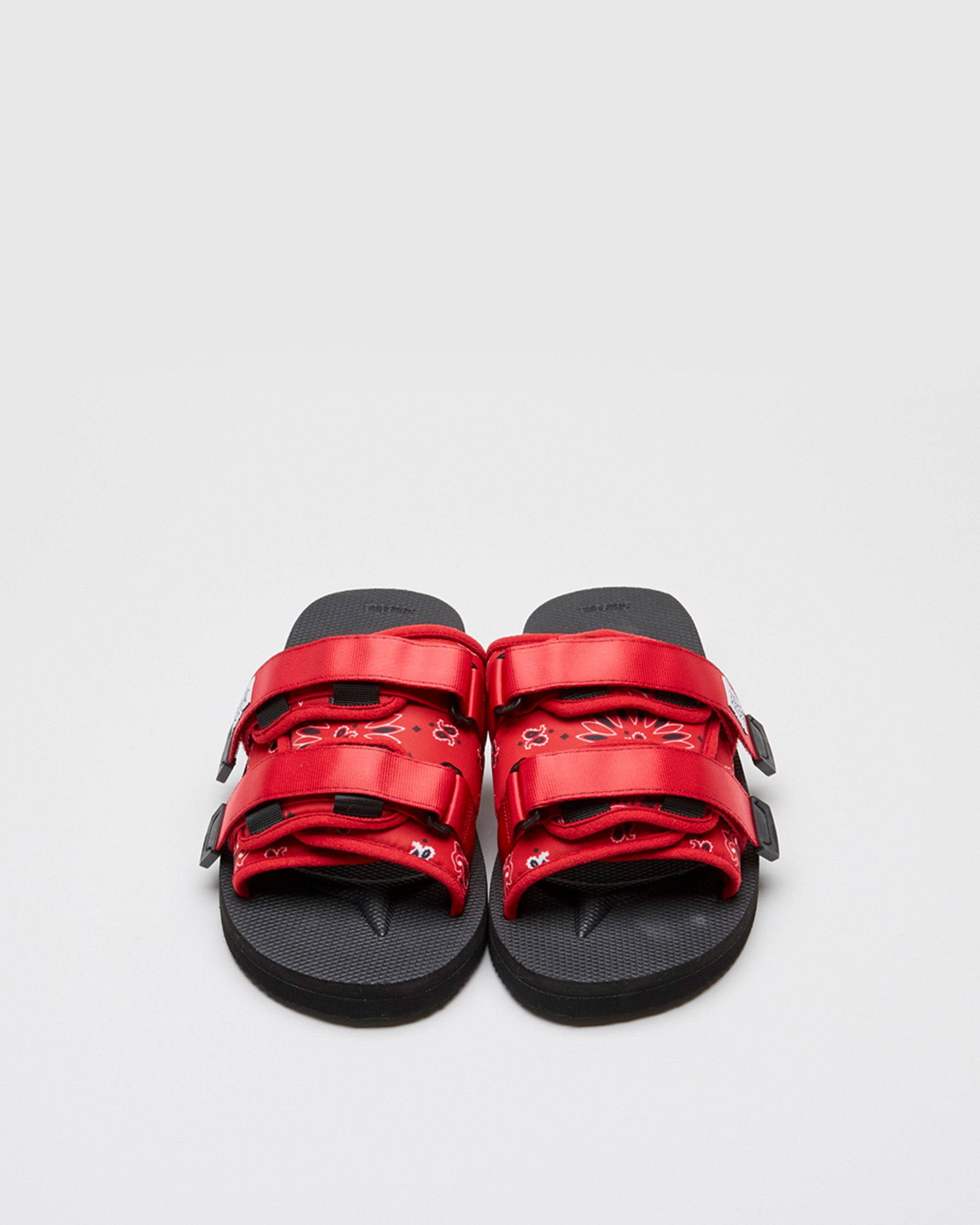 SUICOKE MOTO-Cab-PT02 slides with red nylon upper, black midsole and sole, straps and logo patch. From Spring/Summer 2022 collection on SUICOKE Official US & Canada Webstore.