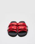 SUICOKE MOTO-Cab-PT02 slides with red nylon upper, black midsole and sole, straps and logo patch. From Spring/Summer 2022 collection on SUICOKE Official US & Canada Webstore.