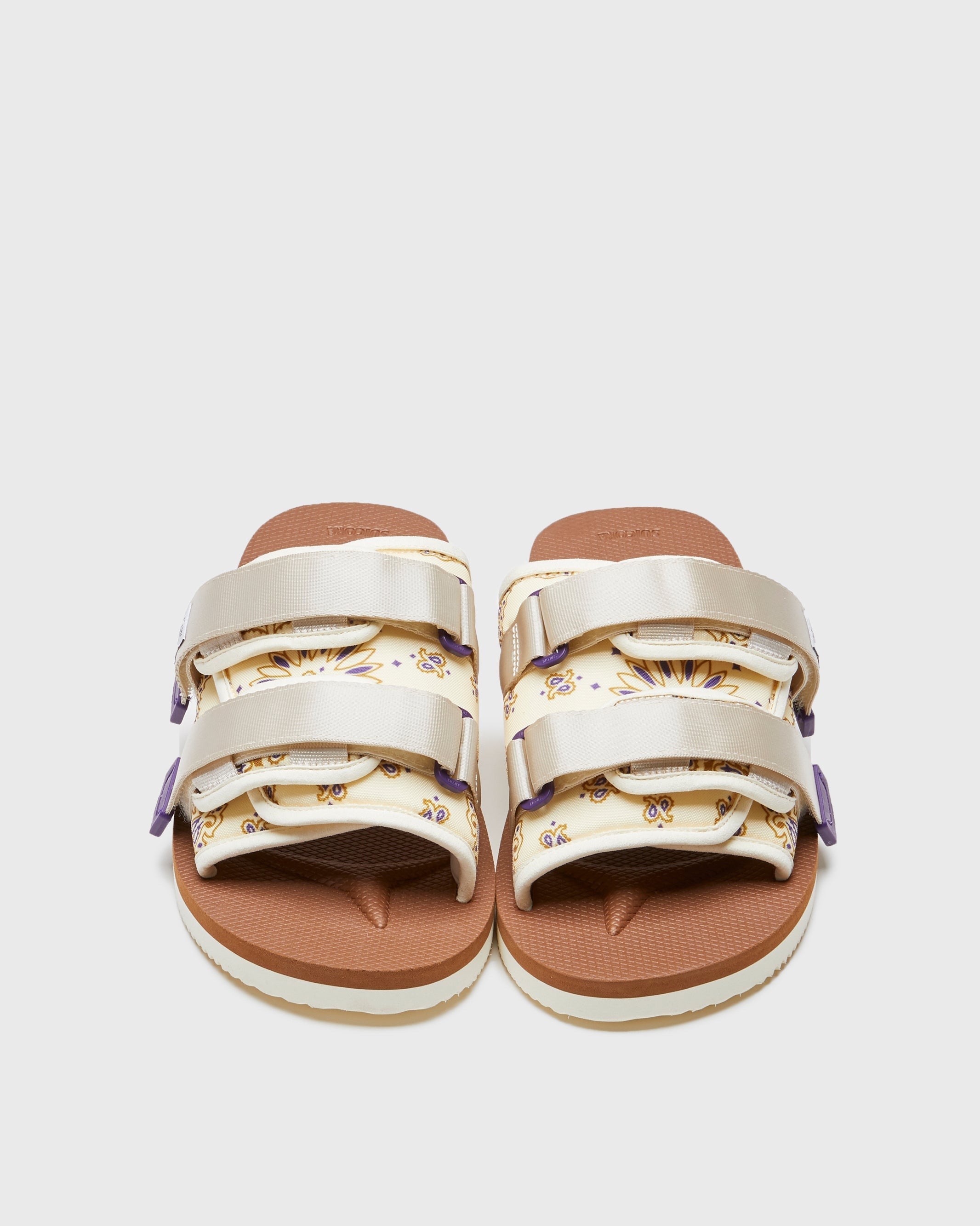 SUICOKE MOTO-Cab-PT05 sandals with ivory & brown nylon upper, ivory & brown midsole and sole, strap and logo patch. From Spring/Summer 2023 collection on SUICOKE Official US & Canada Webstore. OG-056CAB-PT05 IVORY X BROWN