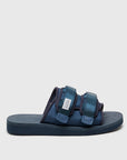 SUICOKE MOTO-Cab slides with navy nylon upper, navy midsole and sole, straps and logo patch. From Spring/Summer 2023 collection on SUICOKE Official US & Canada Webstore. OG-056CAB NAVY