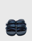 SUICOKE MOTO-Cab slides with navy nylon upper, navy midsole and sole, straps and logo patch. From Spring/Summer 2023 collection on SUICOKE Official US & Canada Webstore. OG-056CAB NAVY