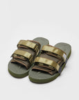 SUICOKE MOTO-Cab slides with olive nylon upper, olive midsole and sole, straps and logo patch. From Spring/Summer 2023 collection on SUICOKE Official US & Canada Webstore. OG-056CAB OLIVE