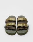 SUICOKE MOTO-Cab slides with olive nylon upper, olive midsole and sole, straps and logo patch. From Spring/Summer 2023 collection on SUICOKE Official US & Canada Webstore. OG-056CAB OLIVE