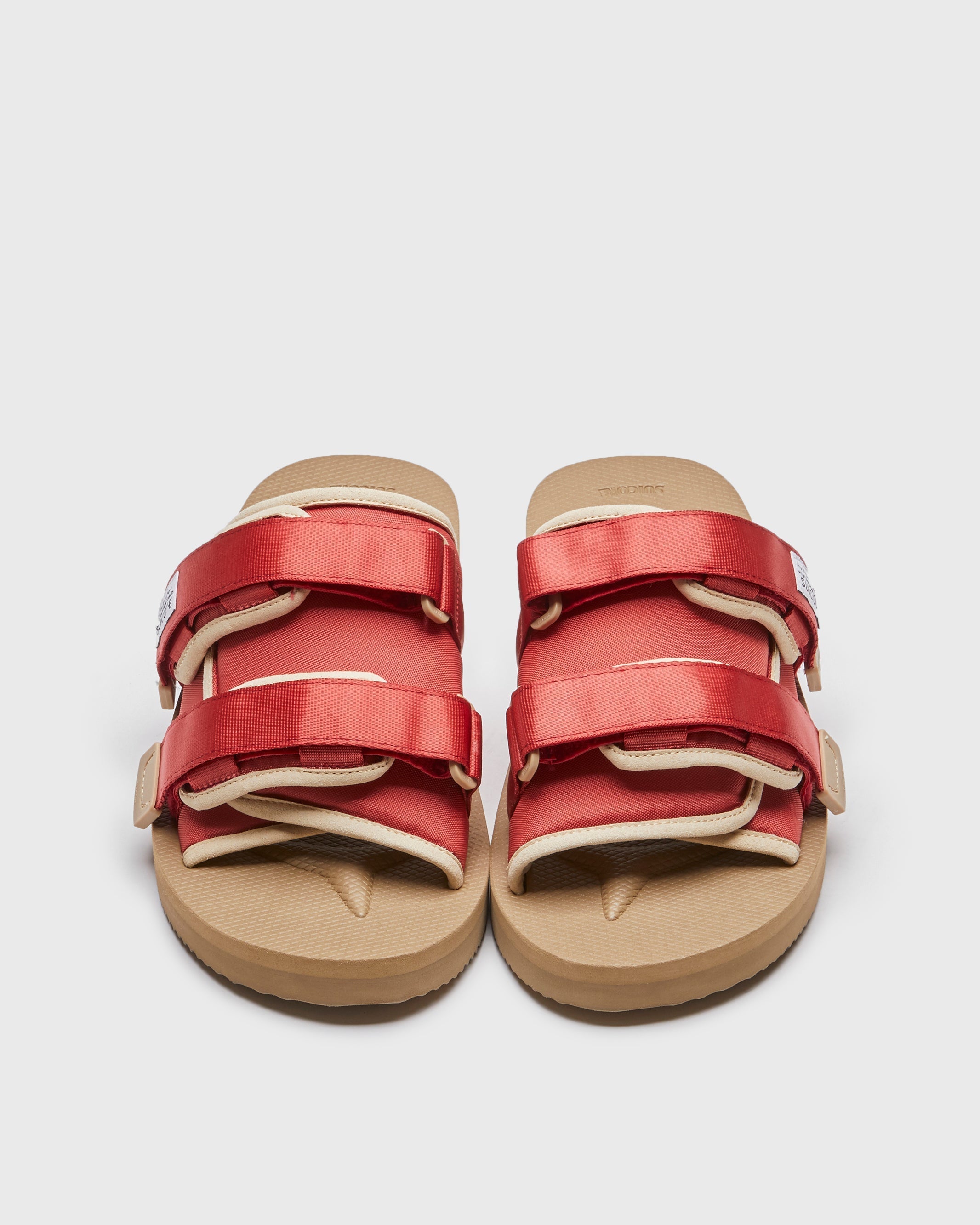 SUICOKE MOTO-Cab slides with red clay nylon upper, red clay midsole and sole, straps and logo patch. From Spring/Summer 2023 collection on SUICOKE Official US & Canada Webstore. OG-056CAB RED CLAY