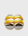 SUICOKE MOTO-Cab slides with yellow & beige nylon upper, yellow & beige midsole and sole, straps and logo patch. From Spring/Summer 2023 collection on SUICOKE Official US & Canada Webstore. OG-056CAB YELLOW X BEIGE