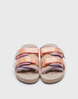 SUICOKE MOTO-Mab suede slides with beige midsole and sole, gray suede upper and shearling inside with light purple piping and light pink nylon straps. From Fall/Winter 2021 collection on SUICOKE Official US & Canada Webstore.