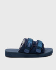 SUICOKE MOTO-Mab suede slides with navy midsole and sole, navy suede upper and shearling inside with navy piping and nylon straps and end tabs, and logo patch. From Fall/Winter 2021 collection on SUICOKE Official US & Canada Webstore.