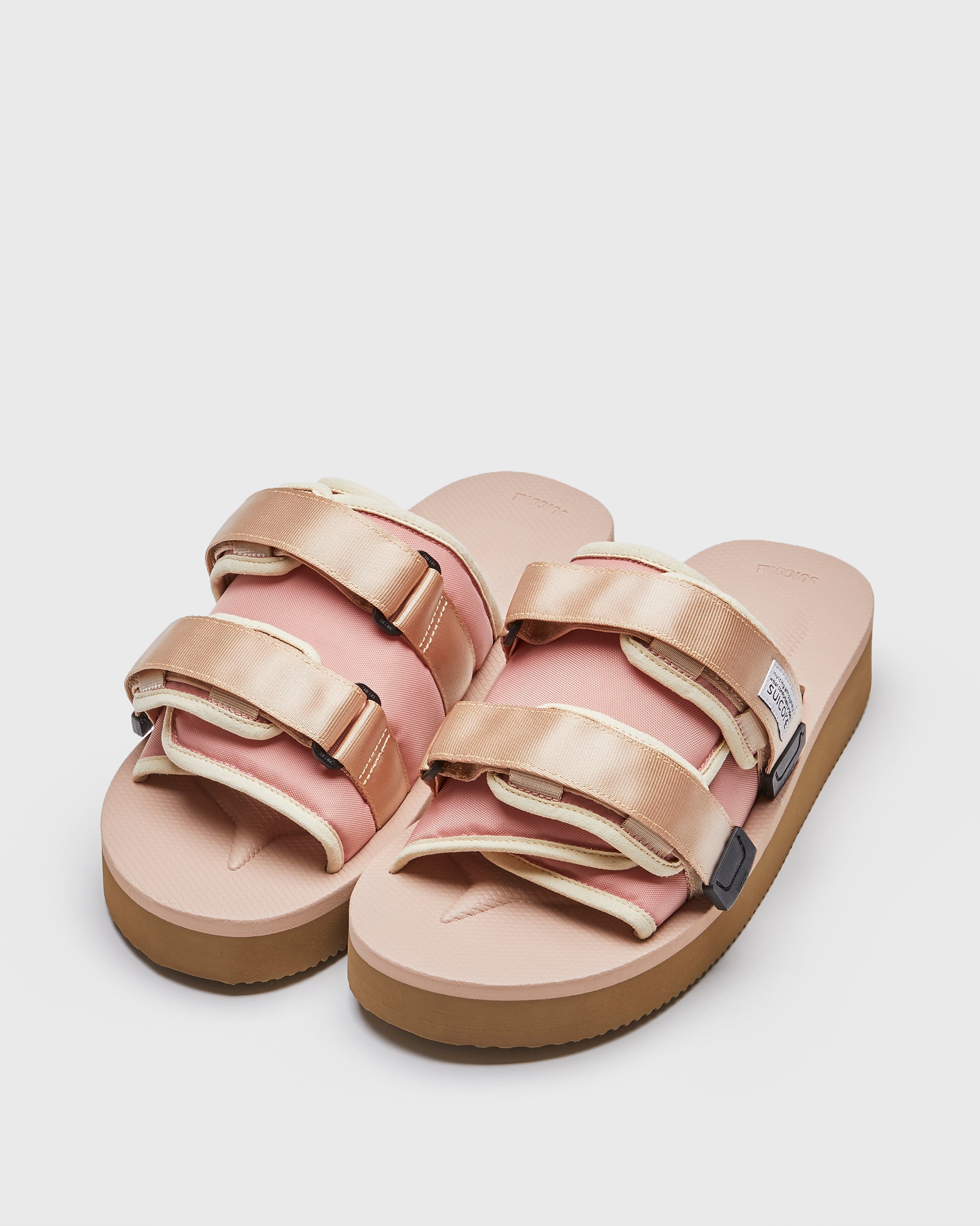 SUICOKE MOTO-PO slides with pink granite nylon upper, pink granite midsole and sole, strap and logo patch. From Spring/Summer 2023 collection on SUICOKE Official US & Canada Webstore. OG-056PO PINK GRANITE