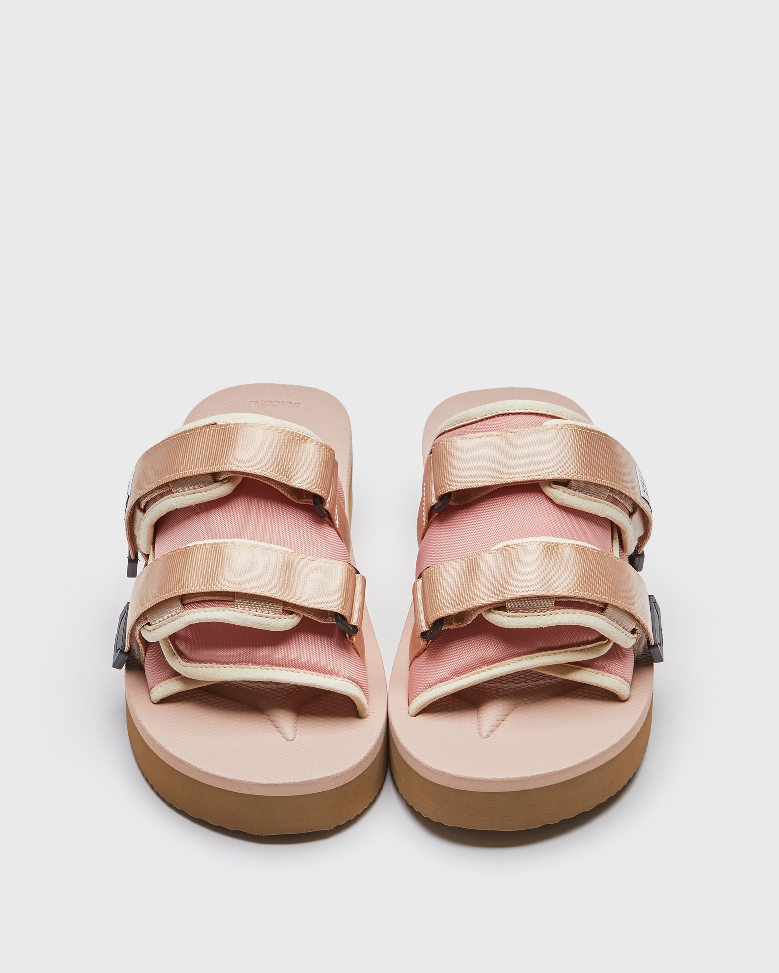 SUICOKE MOTO-PO slides with pink granite nylon upper, pink granite midsole and sole, strap and logo patch. From Spring/Summer 2023 collection on SUICOKE Official US & Canada Webstore. OG-056PO PINK GRANITE