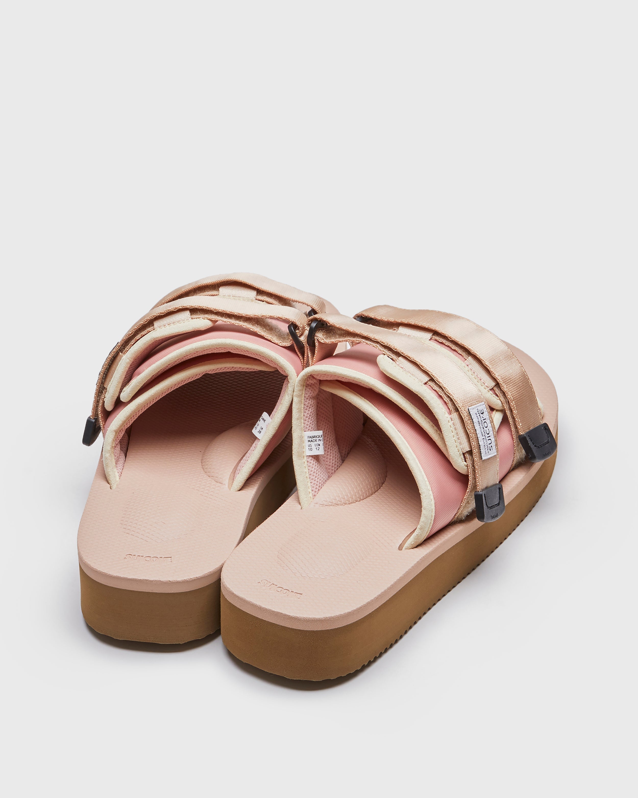 SUICOKE MOTO-PO slides with pink granite nylon upper, pink granite midsole and sole, strap and logo patch. From Spring/Summer 2023 collection on SUICOKE Official US & Canada Webstore. OG-056PO PINK GRANITE