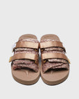 SUICOKE MOTO-Vhl slides with brown calf hair upper, beige midsole and sole, straps and logo patch. From Fall/Winter 2020 collection on SUICOKE Official US & Canada Webstore.