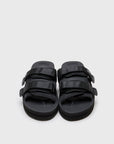 SUICOKE MOTO-VPO slides with black nylon upper, black midsole and sole, straps and logo patch. From Spring/Summer 2022 collection on SUICOKE Official US & Canada Webstore.