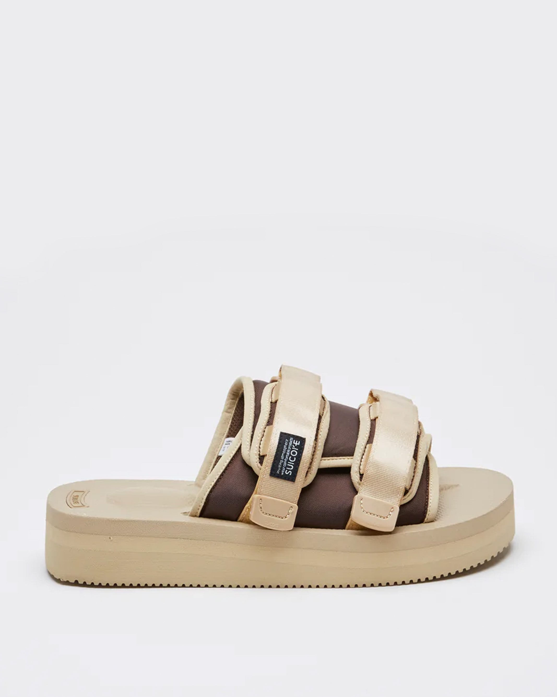 SUICOKE MOTO-VPO SLIDES - Brown x Beige. From Fall/Winter 2021 collection on SUICOKE Official US & Canada Webstore.