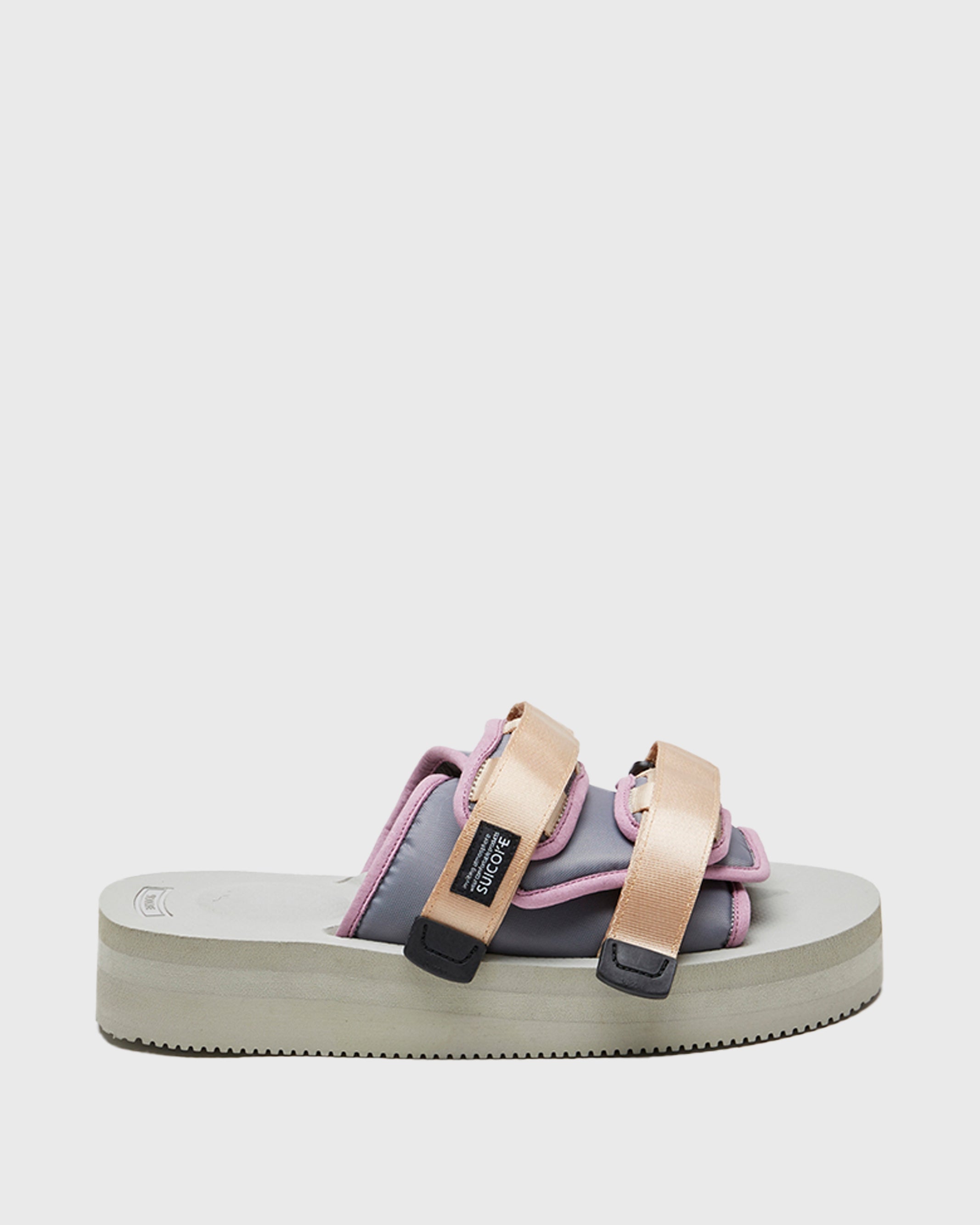 SUICOKE MOTO-VPO slides with lt.beige x purple nylon upper, gray midsole and sole, straps and logo patch. From Spring/Summer 2022 collection on SUICOKE Official US & Canada Webstore.