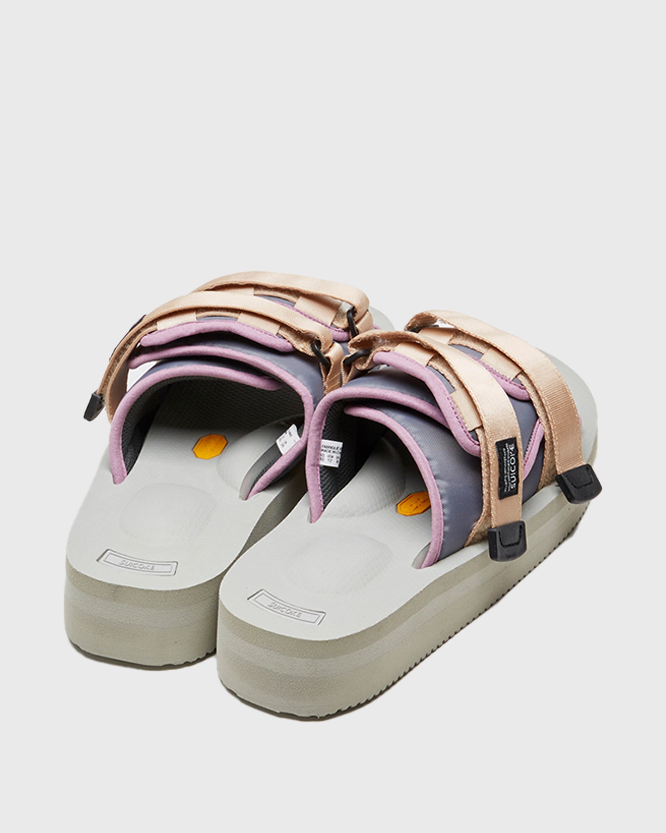 SUICOKE MOTO-VPO slides with lt.beige x purple nylon upper, gray midsole and sole, straps and logo patch. From Spring/Summer 2022 collection on SUICOKE Official US & Canada Webstore.