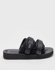 SUICOKE MOTO-VS slides with black cow suede upper, black midsole and sole, straps and logo patch. From Spring/Summer 2022 collection on SUICOKE Official US & Canada Webstore.