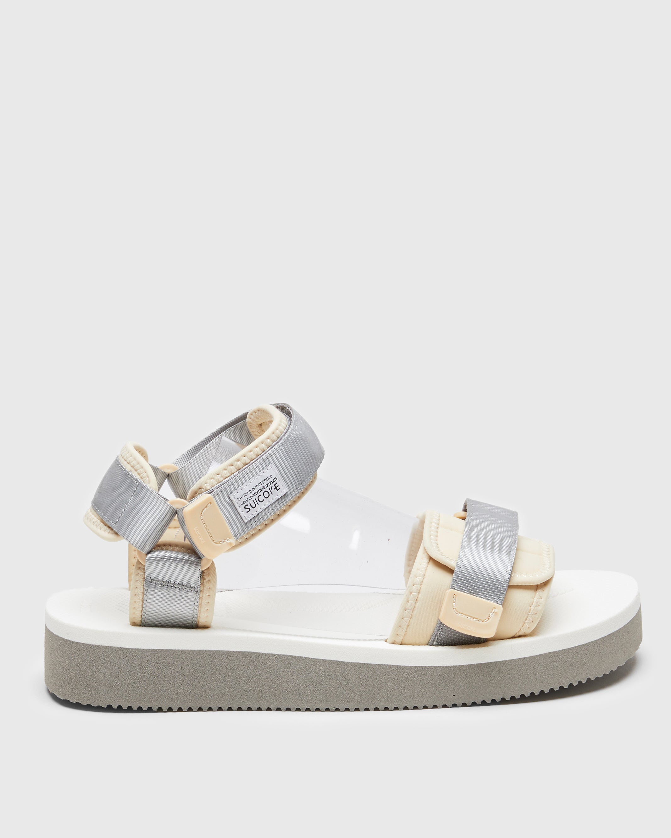 SUICOKE CEL-PO sandals with gray & white nylon upper, gray & white midsole and sole, strap and logo patch. From Spring/Summer 2023 collection on SUICOKE Official US & Canada Webstore. OG-064PO GRAY X WHITE