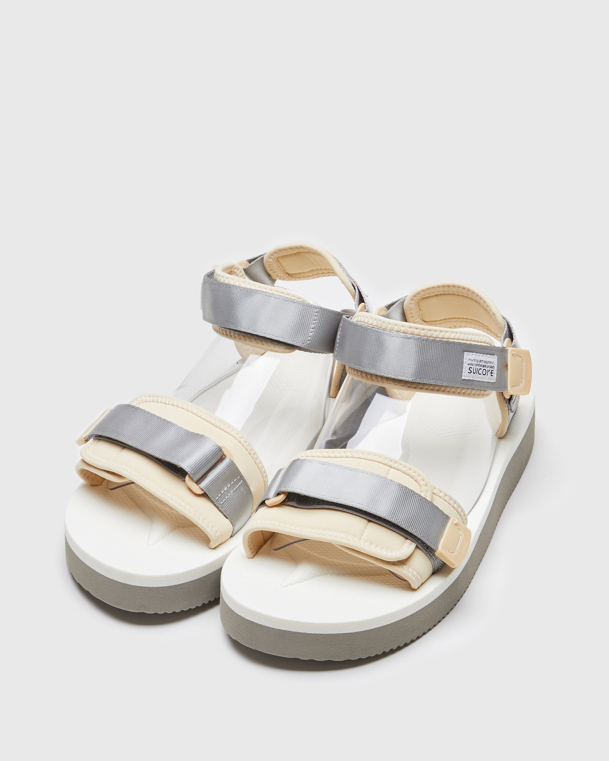 SUICOKE CEL-PO sandals with gray & white nylon upper, gray & white midsole and sole, strap and logo patch. From Spring/Summer 2023 collection on SUICOKE Official US & Canada Webstore. OG-064PO GRAY X WHITE