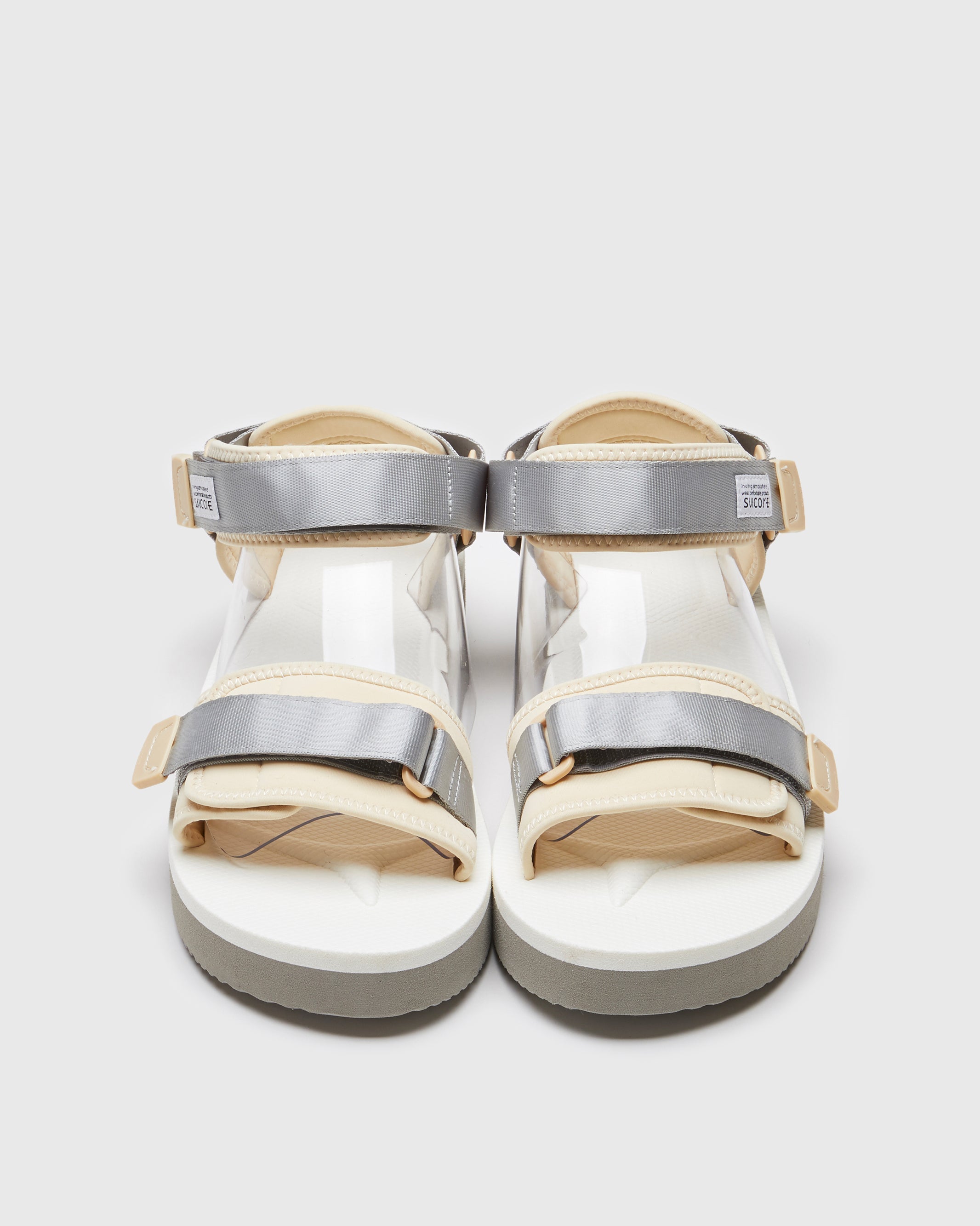 SUICOKE CEL-PO sandals with gray & white nylon upper, gray & white midsole and sole, strap and logo patch. From Spring/Summer 2023 collection on SUICOKE Official US & Canada Webstore. OG-064PO GRAY X WHITE