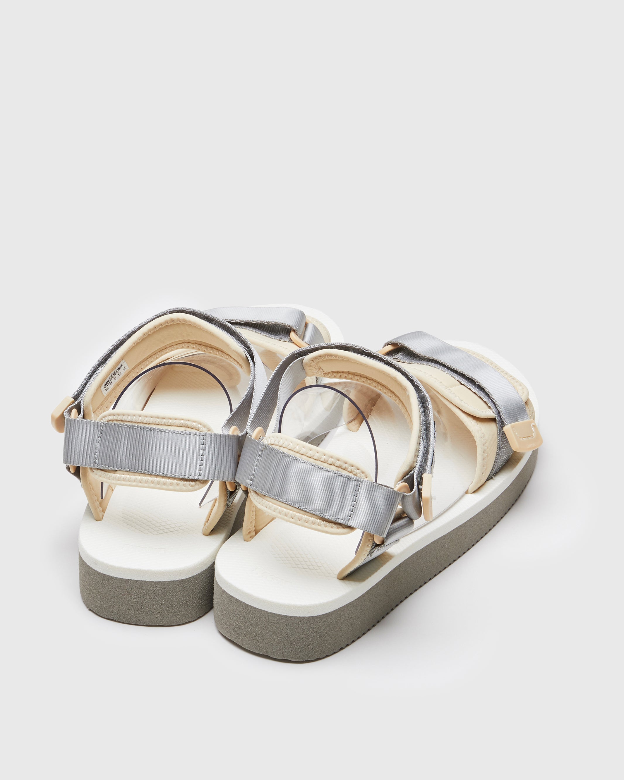 SUICOKE CEL-PO sandals with gray & white nylon upper, gray & white midsole and sole, strap and logo patch. From Spring/Summer 2023 collection on SUICOKE Official US & Canada Webstore. OG-064PO GRAY X WHITE