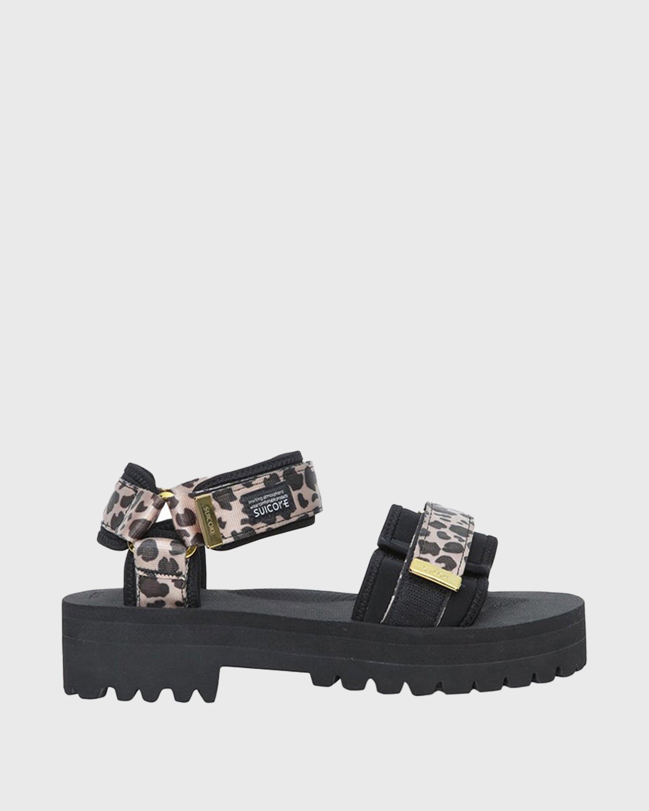 SUICOKE Cel-Taab black platform sandal with Leopard print straps + gold hardware tips. From SUICOKE SS21 collection.