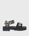 SUICOKE Cel-Taab black platform sandal with Leopard print straps + gold hardware tips. From SUICOKE SS21 collection.