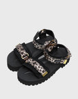 SUICOKE Cel-Taab black platform sandal with Leopard print straps + gold hardware tips. From SUICOKE SS21 collection.