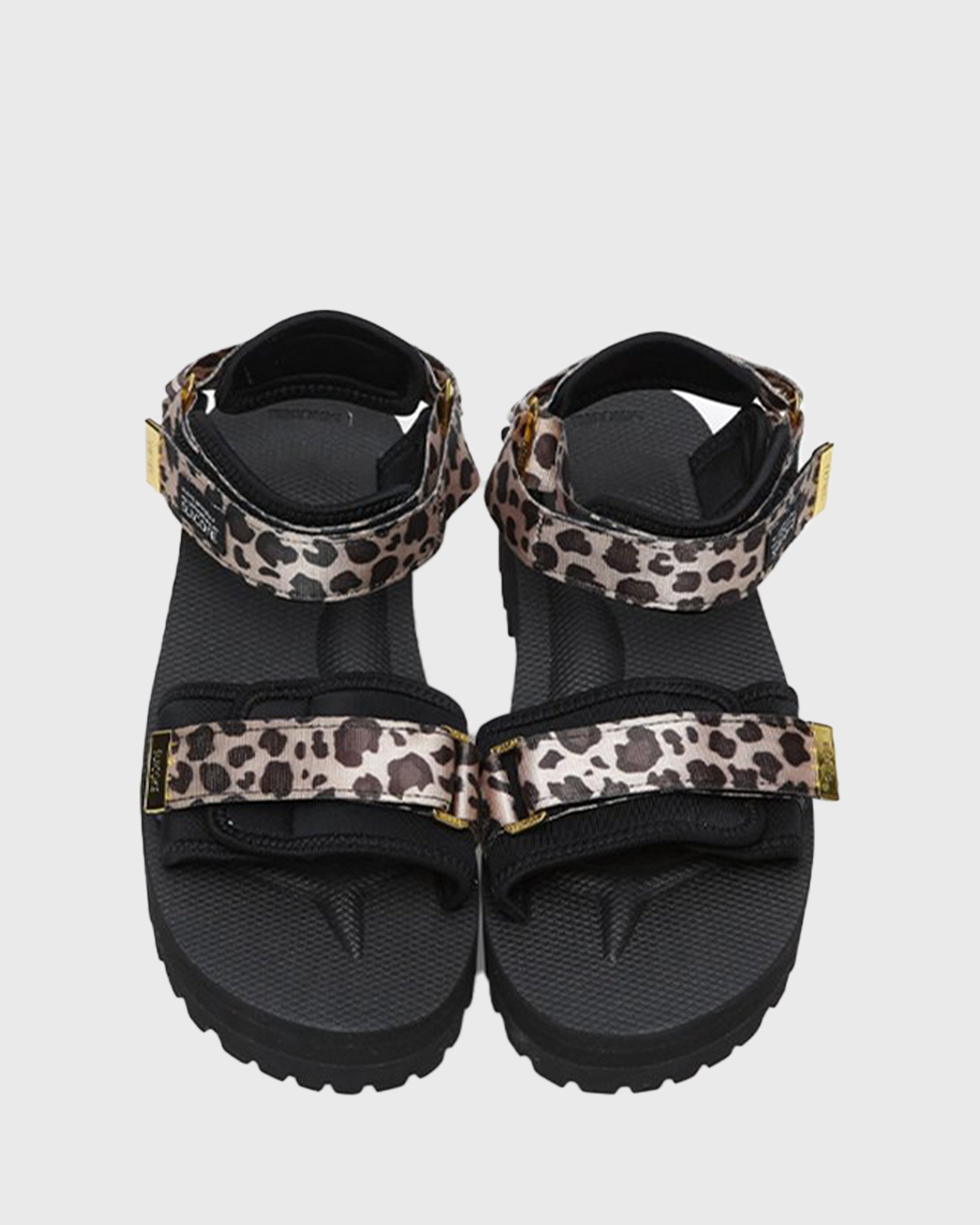 SUICOKE Cel-Taab black platform sandal with Leopard print straps + gold hardware tips. From SUICOKE SS21 collection.