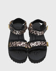 SUICOKE Cel-Taab black platform sandal with Leopard print straps + gold hardware tips. From SUICOKE SS21 collection.