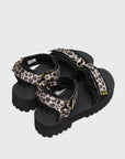 SUICOKE Cel-Taab black platform sandal with Leopard print straps + gold hardware tips. From SUICOKE SS21 collection.