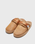 SUICOKE ZAVO-Vhl closed toe slides with camel colored calf hair upper, midsole and sole, straps and gold tabs with logo patch and piping on SUICOKE Official US & Canada Webstore.