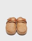 SUICOKE ZAVO-Vhl closed toe slides with camel colored calf hair upper, midsole and sole, straps and gold tabs with logo patch and piping on SUICOKE Official US & Canada Webstore.