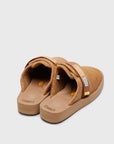 SUICOKE ZAVO-Vhl closed toe slides with camel colored calf hair upper, midsole and sole, straps and gold tabs with logo patch and piping on SUICOKE Official US & Canada Webstore.