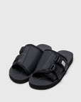 SUICOKE KAW-Cab slides with black nylon upper, black midsole and sole, strap and logo patch. From Spring/Summer 2023 collection on SUICOKE Official US & Canada Webstore OG-081CAB BLACK